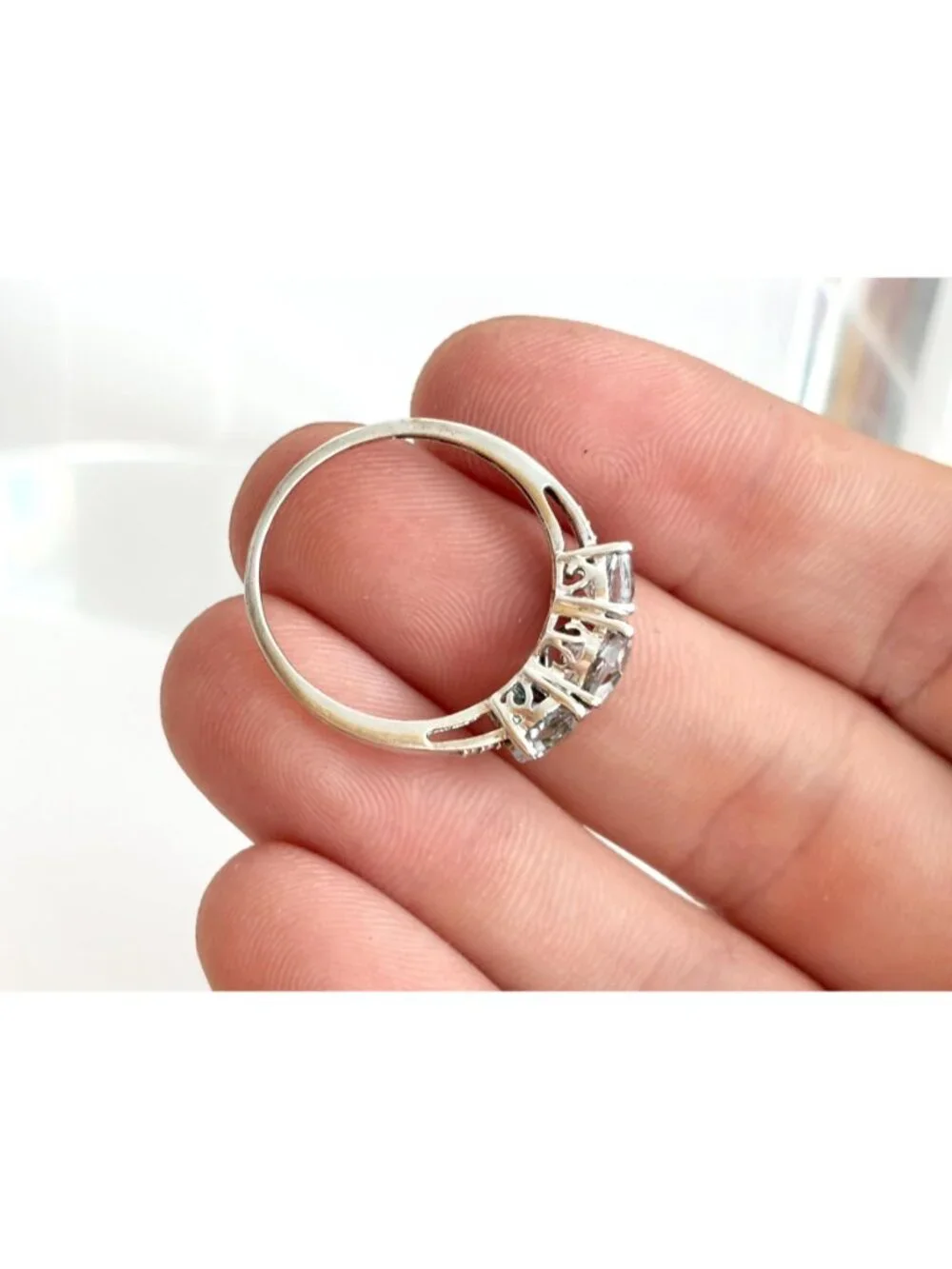 Blue Aquamarine Triple Heart Cut Sterling Silver 925 Vintage Ring - sz 9